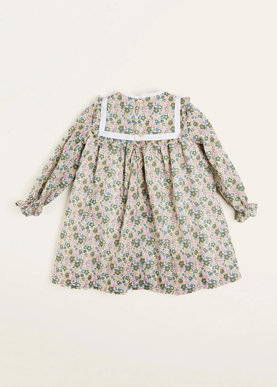 Emilia Floral Print Pleated Front Long Sleeve Dress in Green (18mths-10yrs)