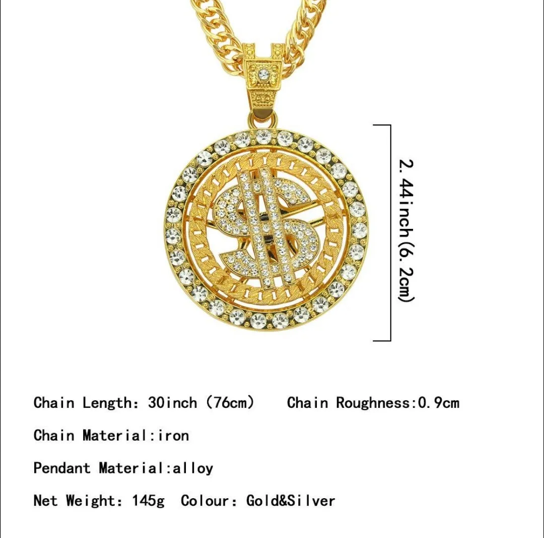 Fashion Charm Titanium Steel Mens Degree Rotatable Pendant Zircon Gold Plated Rotation Hip Hop Party Necklace for Men Jewelry