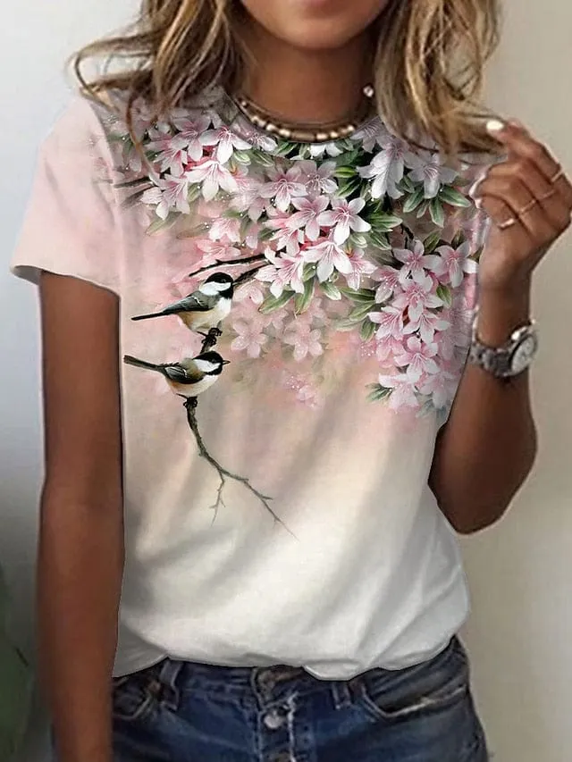 Floral Bird Print Short Sleeve Women's T-Shirt