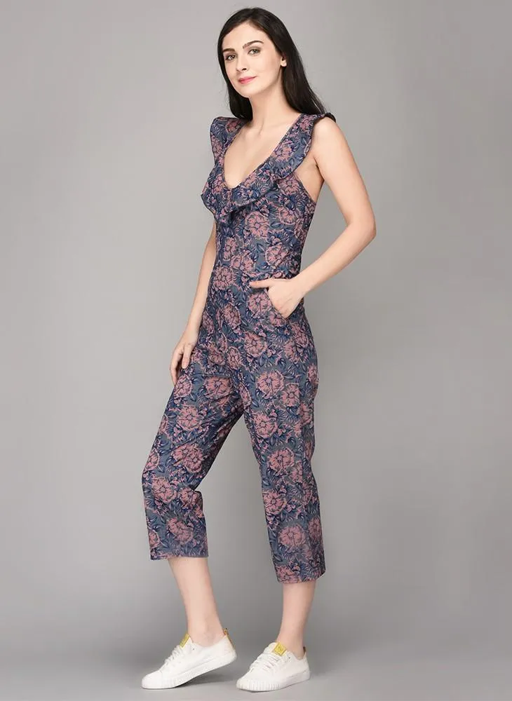 Floral Printed Culotte Jumpsuit with Frill