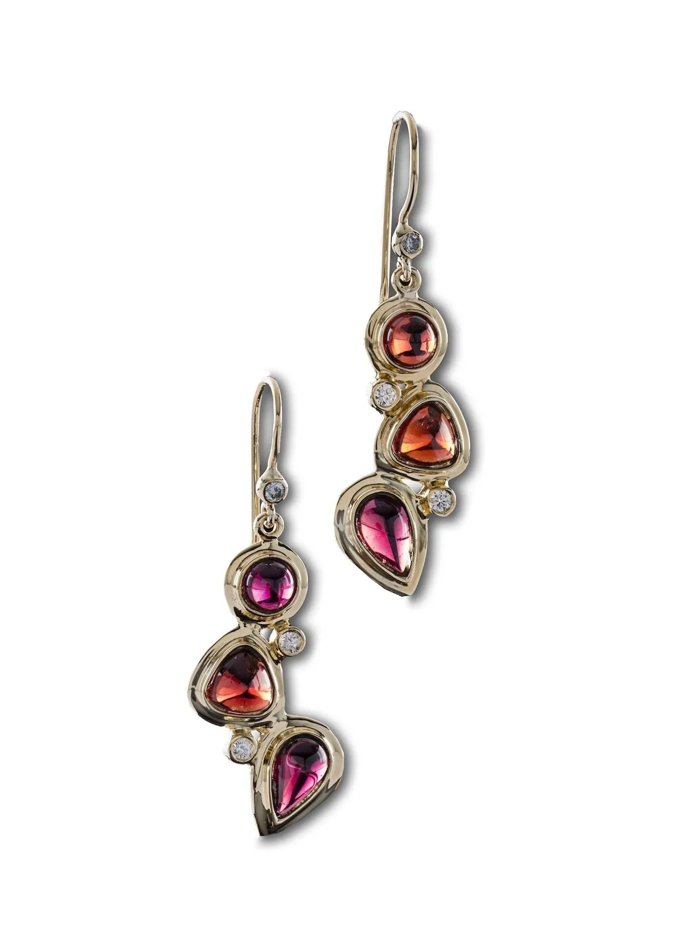 Garnet & Diamond 18K Gold Drop Earrings, Mosaic 3 Stone