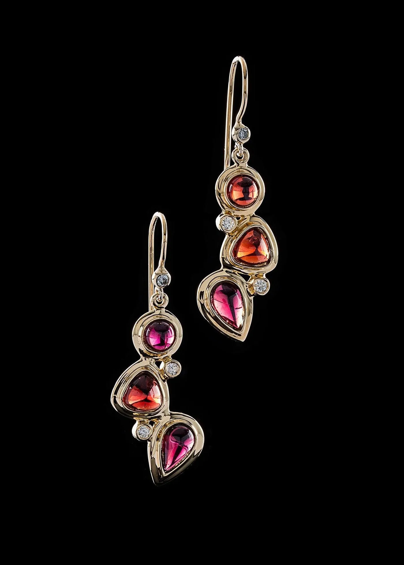 Garnet & Diamond 18K Gold Drop Earrings, Mosaic 3 Stone