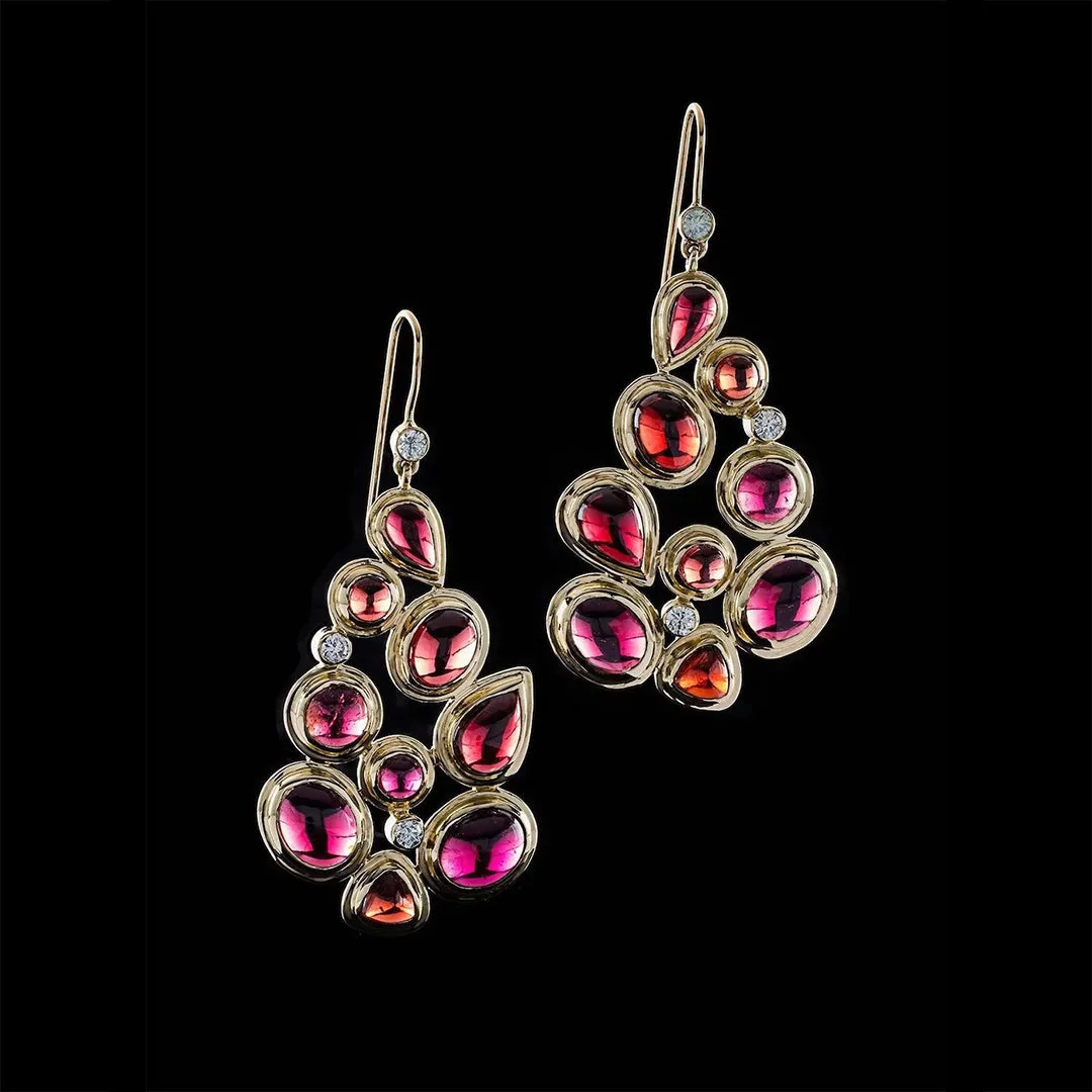 Garnet & Diamond 18K Gold Mosaic 9 Stone Earrings