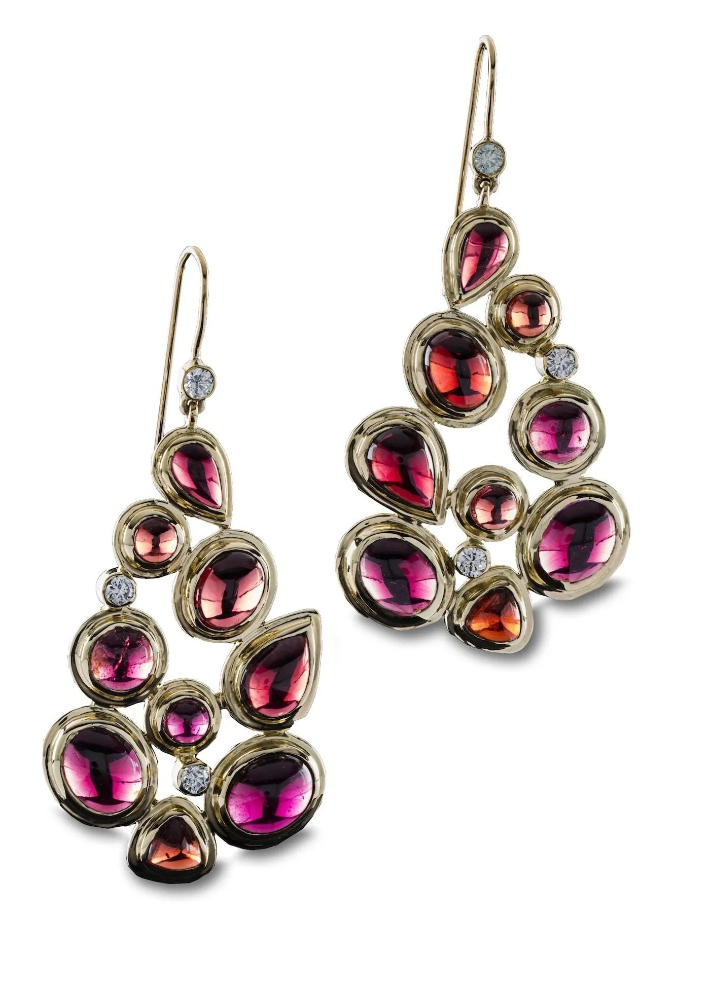 Garnet & Diamond 18K Gold Mosaic 9 Stone Earrings