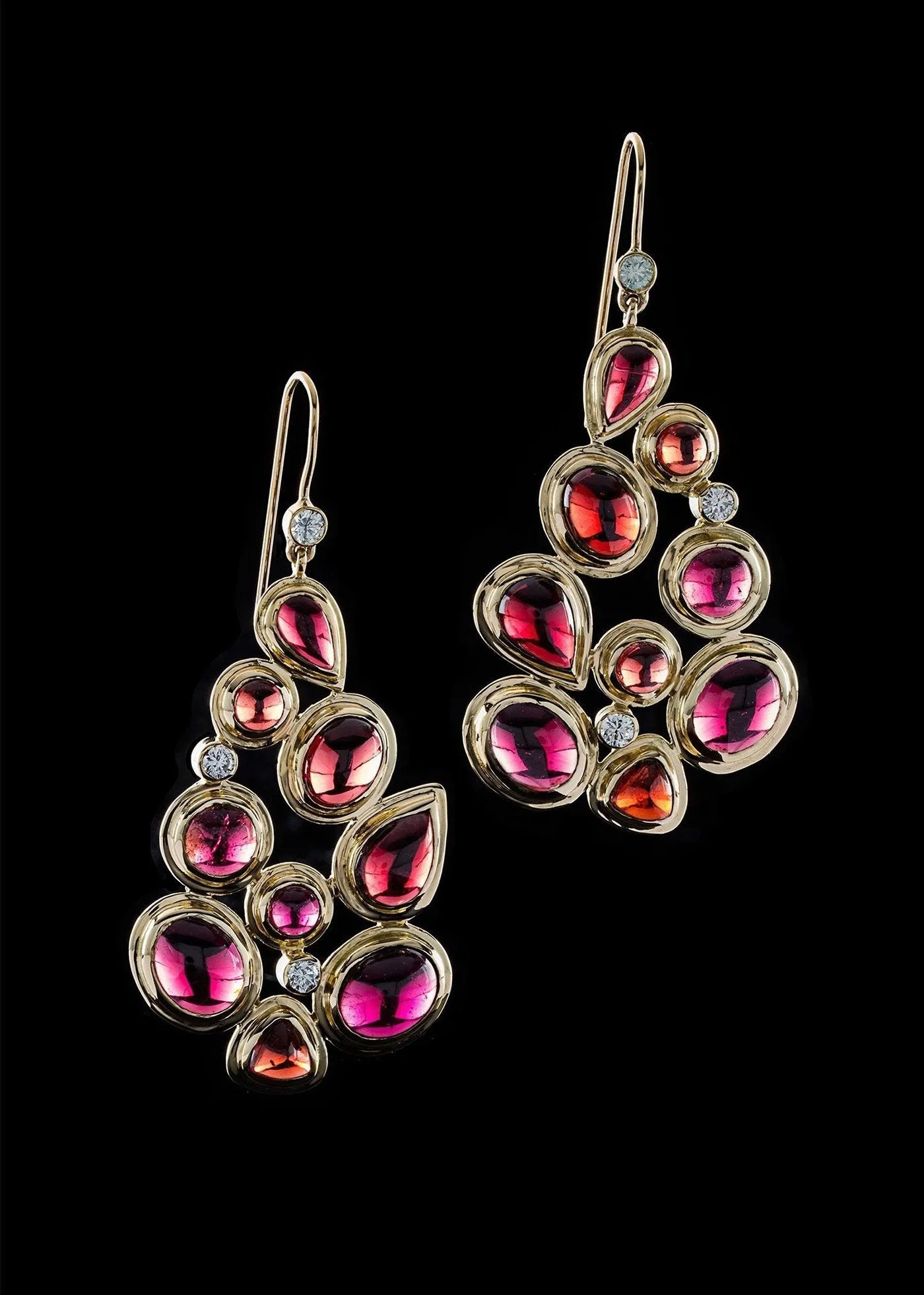 Garnet & Diamond 18K Gold Mosaic 9 Stone Earrings