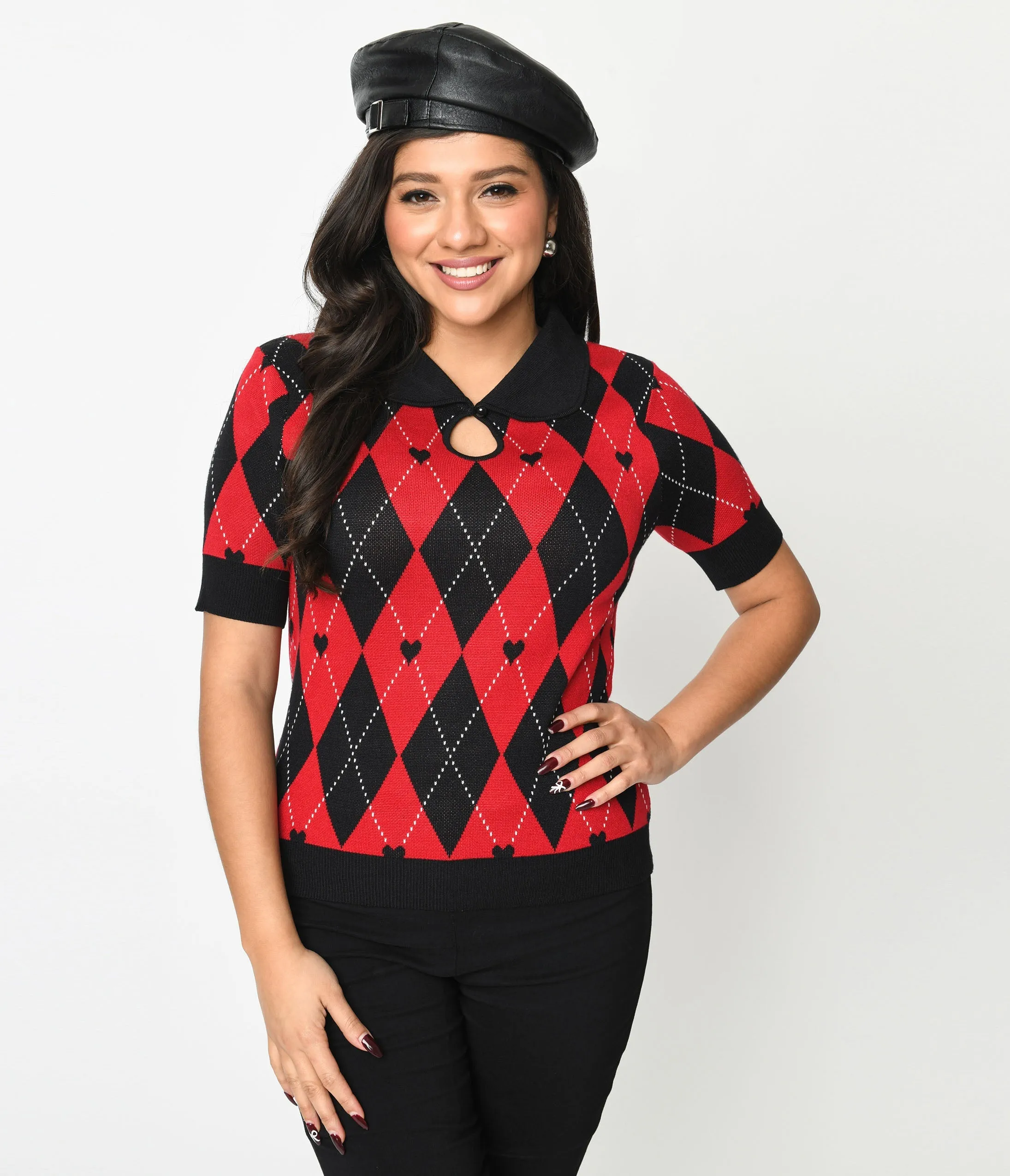 Hell Bunny Red & Black Heart Argyle Amy Knit Top