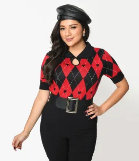 Hell Bunny Red & Black Heart Argyle Amy Knit Top