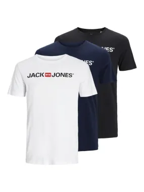 Jack & Jones 3 Pack Corp Logo Crew Neck T-Shirt White Black Navy