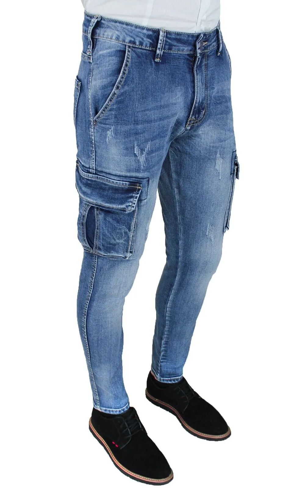 Jens uomo cargo blu denim Pantaloni Skinny slim fit con tasconi laterali