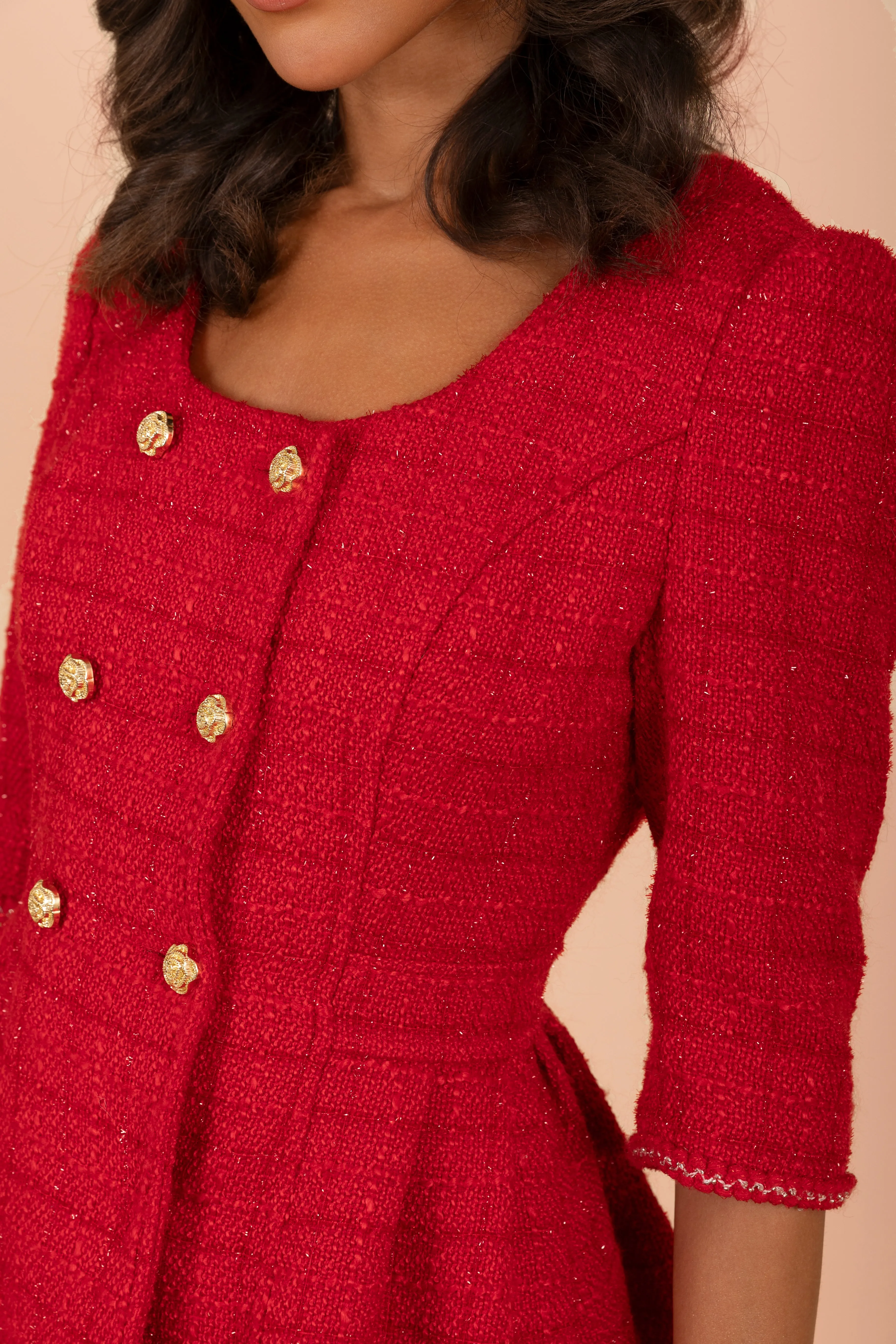 'Kelly' Wool Tweed Dress Coat in Rosso