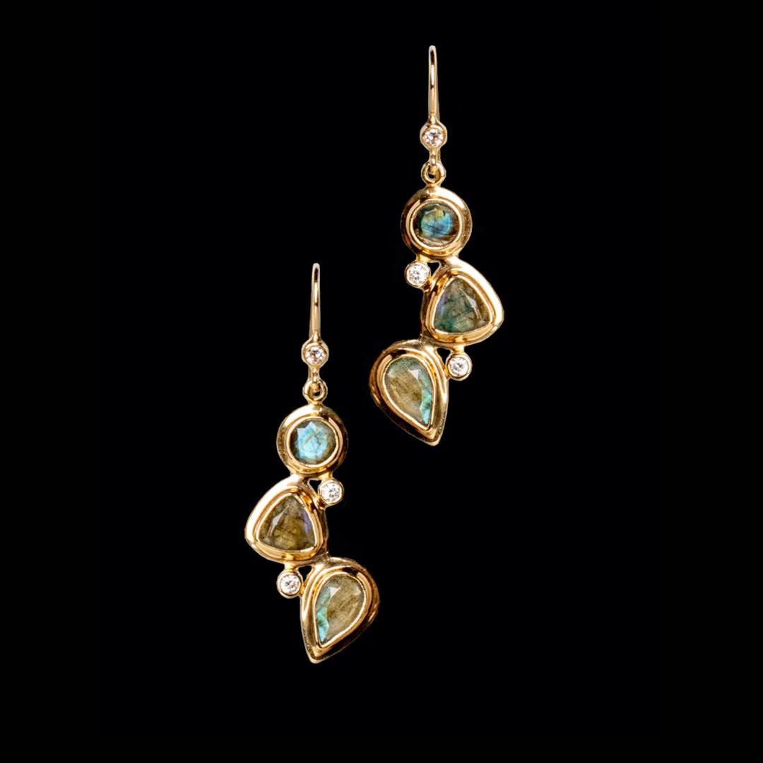 Labradorite & Diamond 18K Gold Drop Earrings, Mosaic 3 Stone