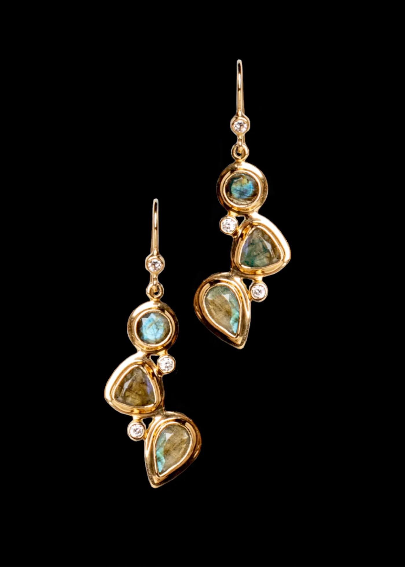 Labradorite & Diamond 18K Gold Drop Earrings, Mosaic 3 Stone