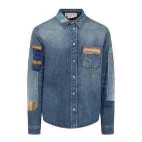 MARNI  |Blue bio denim shirt with mohair patches