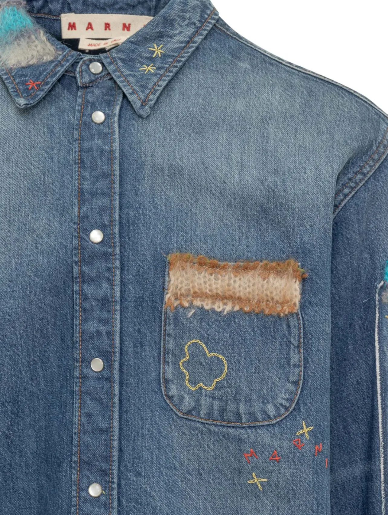 MARNI  |Blue bio denim shirt with mohair patches