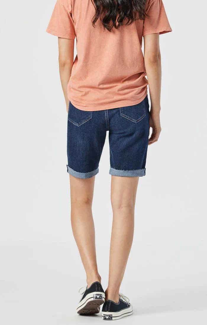 Mavi Alexis Mid Rise Denim Shorts Dark Frayed Hem Heather Blue