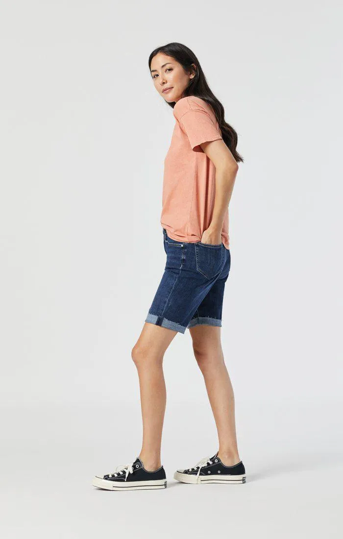 Mavi Alexis Mid Rise Denim Shorts Dark Frayed Hem Heather Blue