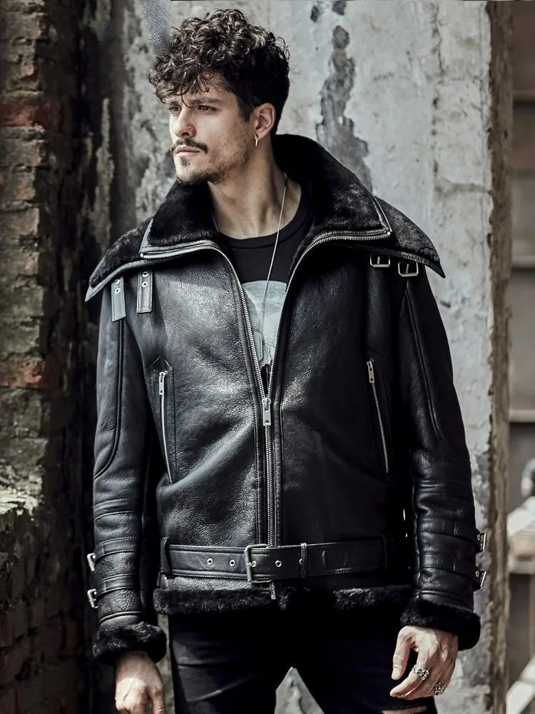 Men's Fur Collar B3 Black Leather Shearling Coat