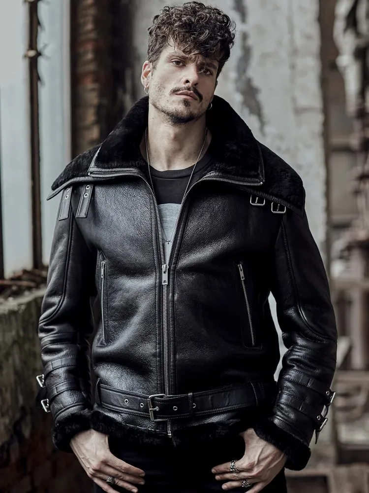 Men's Fur Collar B3 Black Leather Shearling Coat