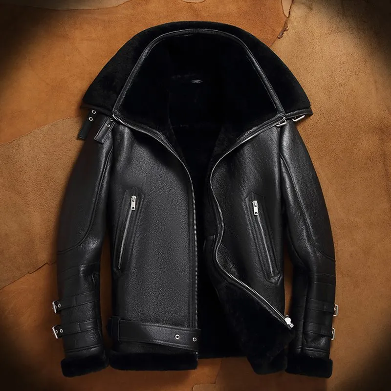 Men's Fur Collar B3 Black Leather Shearling Coat