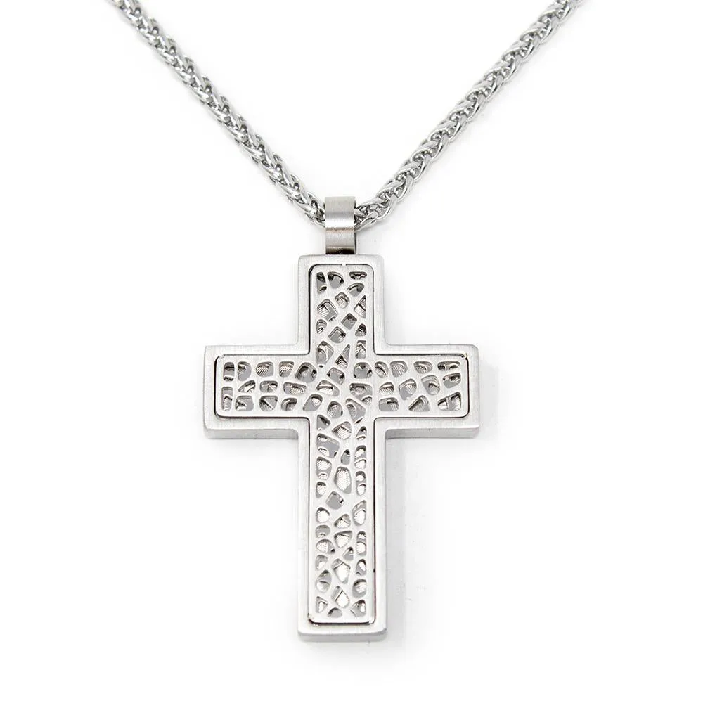 Men's Stainless Steel Perforated Cross Pendant on Chain 24 Inch