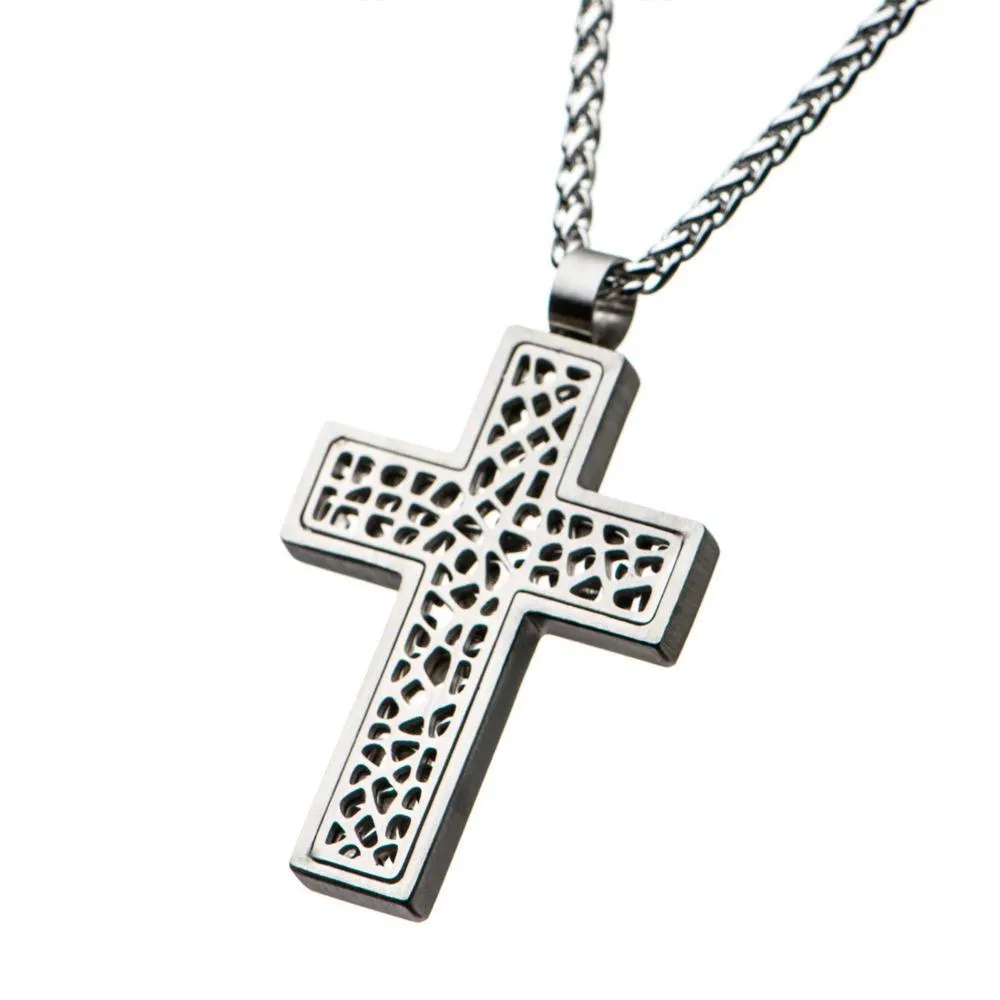 Men's Stainless Steel Perforated Cross Pendant on Chain 24 Inch