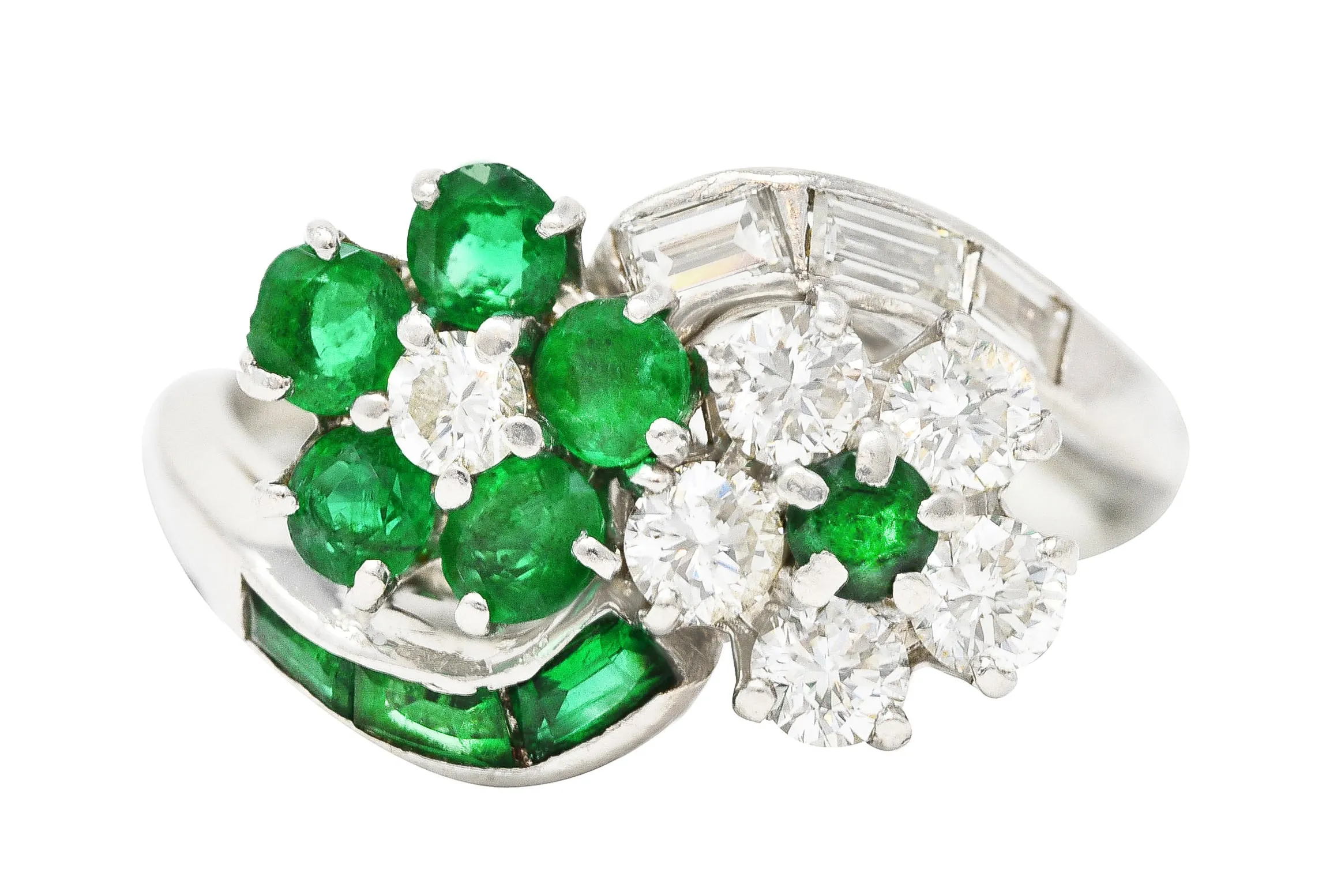 Mid-Century 1.75 CTW Emerald Diamond Platinum Floral Vintage Bypass Ring