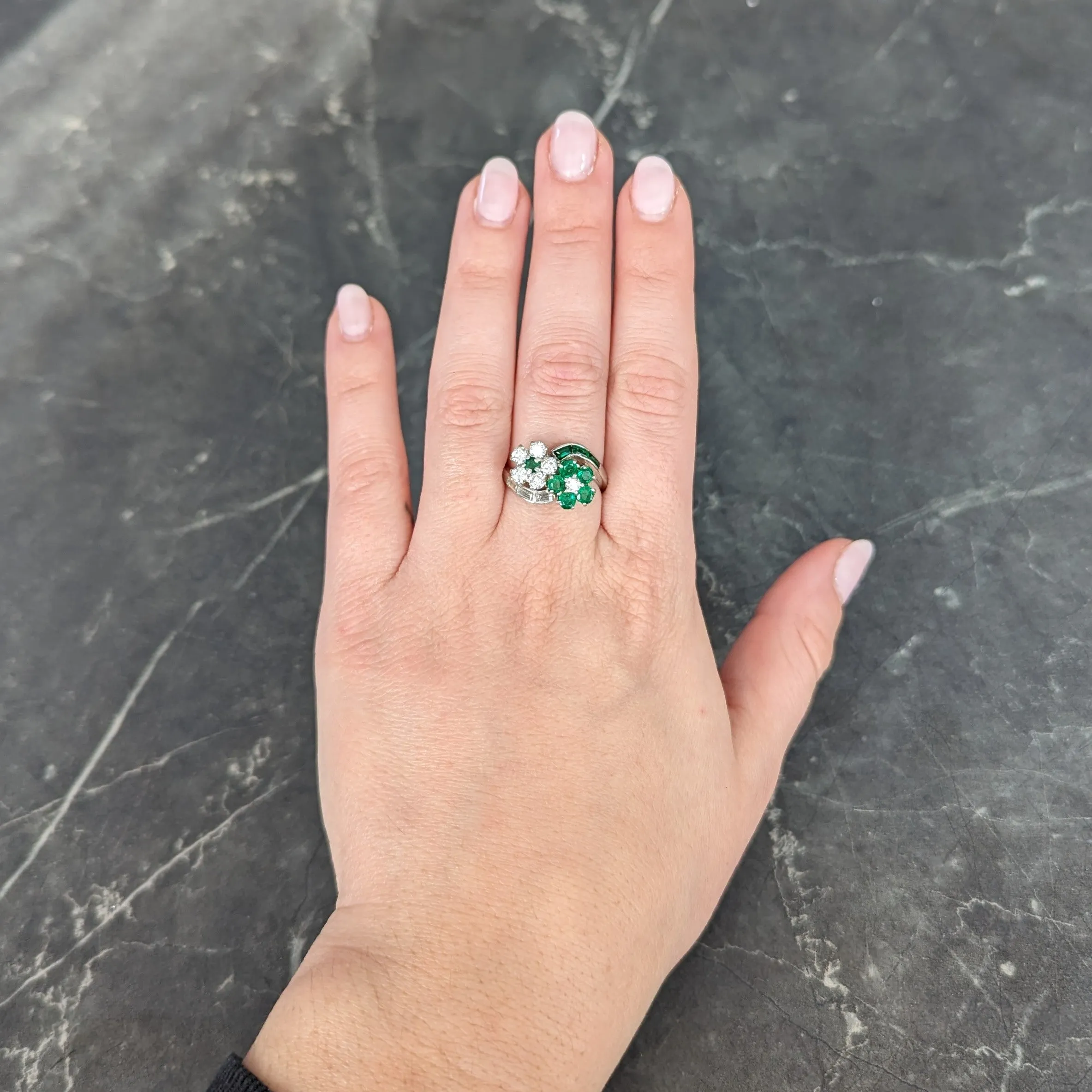 Mid-Century 1.75 CTW Emerald Diamond Platinum Floral Vintage Bypass Ring