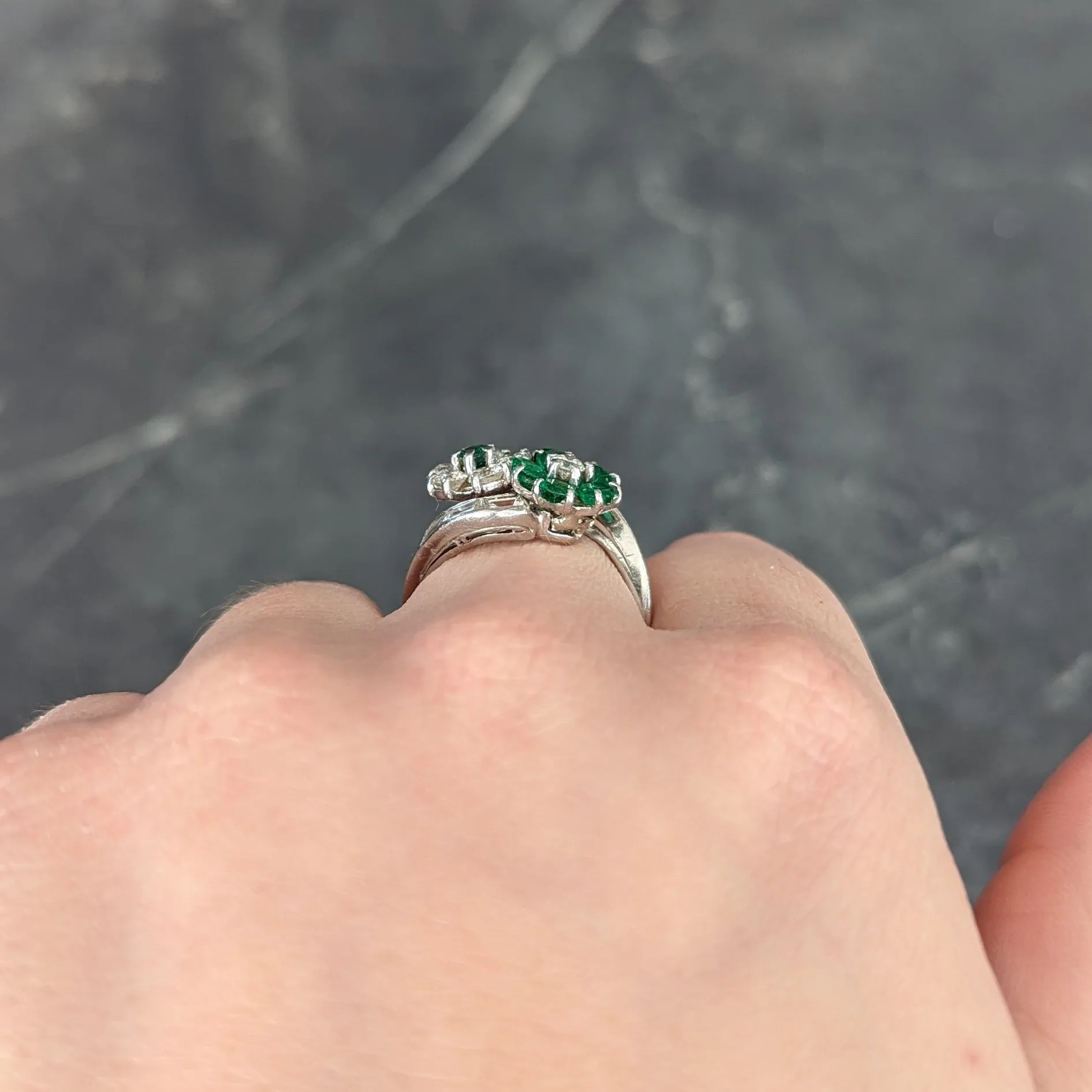 Mid-Century 1.75 CTW Emerald Diamond Platinum Floral Vintage Bypass Ring