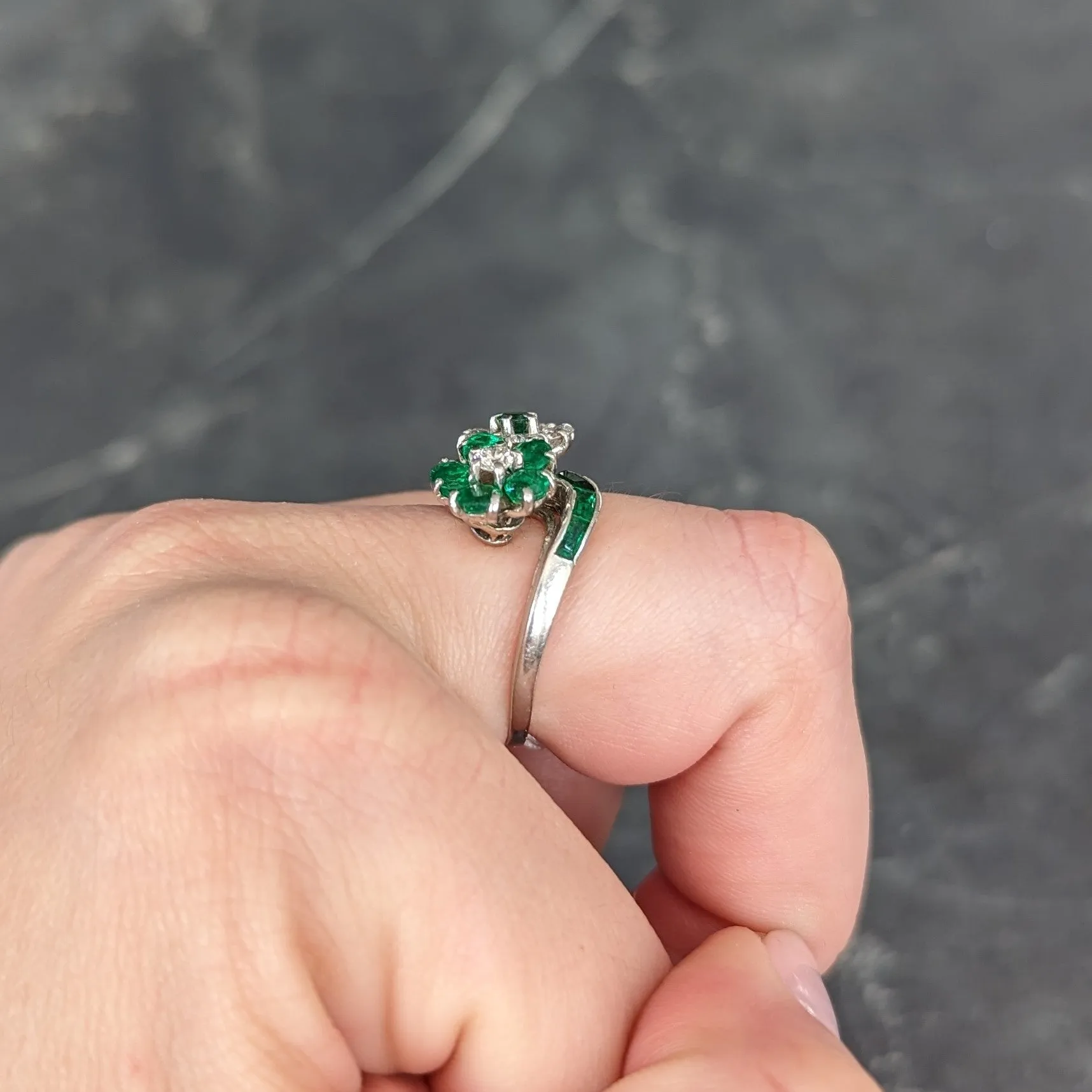 Mid-Century 1.75 CTW Emerald Diamond Platinum Floral Vintage Bypass Ring