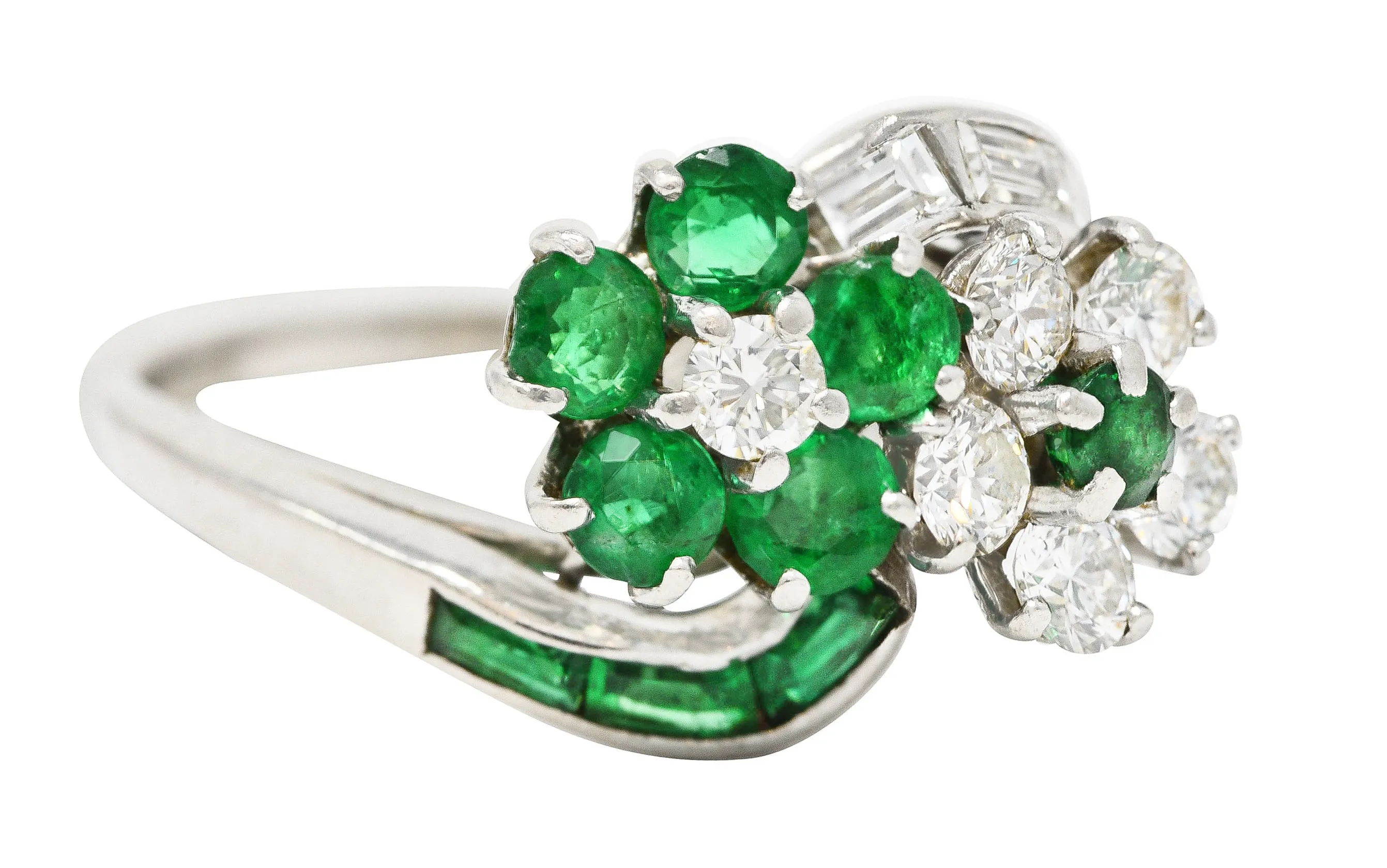 Mid-Century 1.75 CTW Emerald Diamond Platinum Floral Vintage Bypass Ring