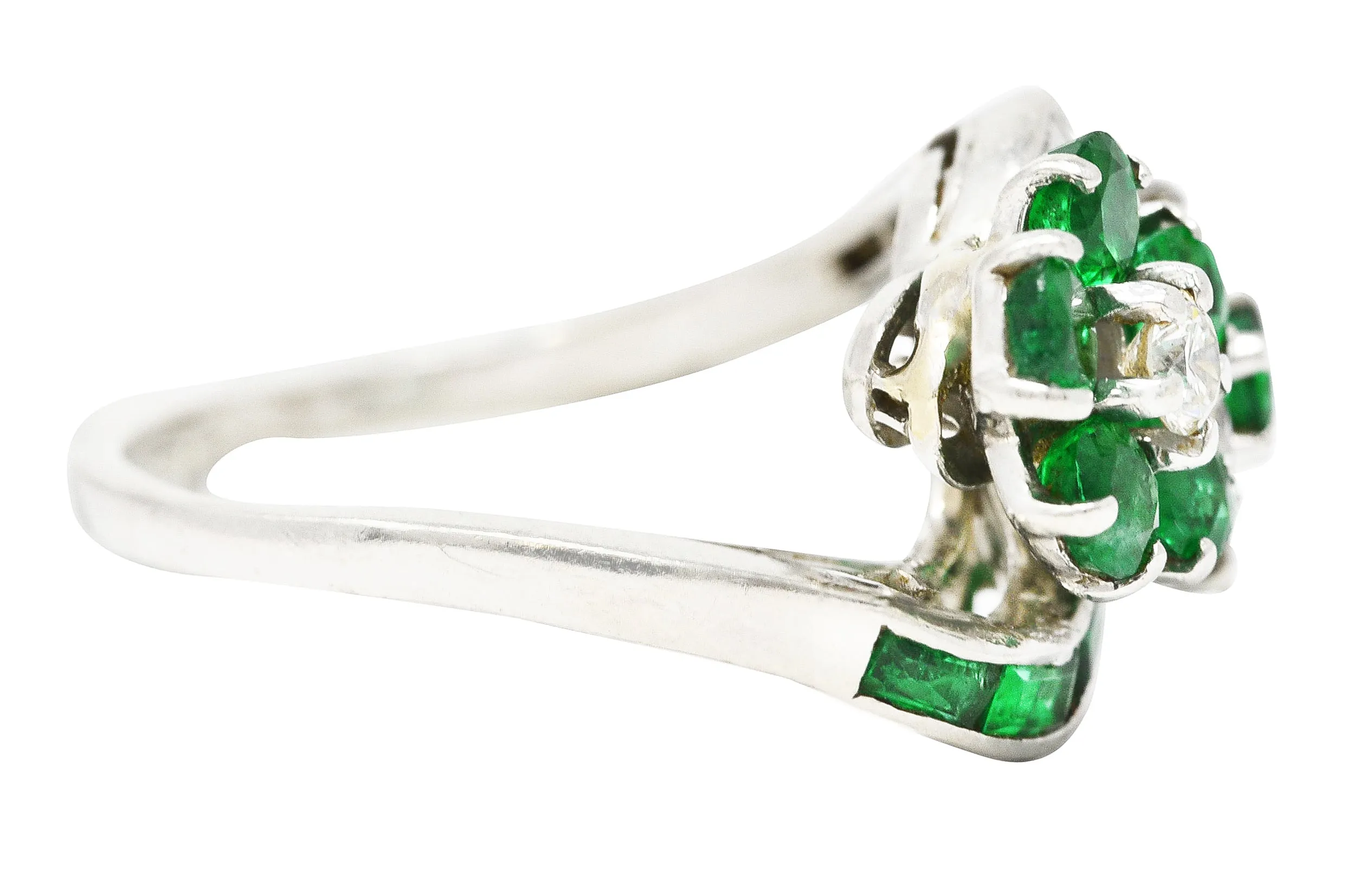 Mid-Century 1.75 CTW Emerald Diamond Platinum Floral Vintage Bypass Ring