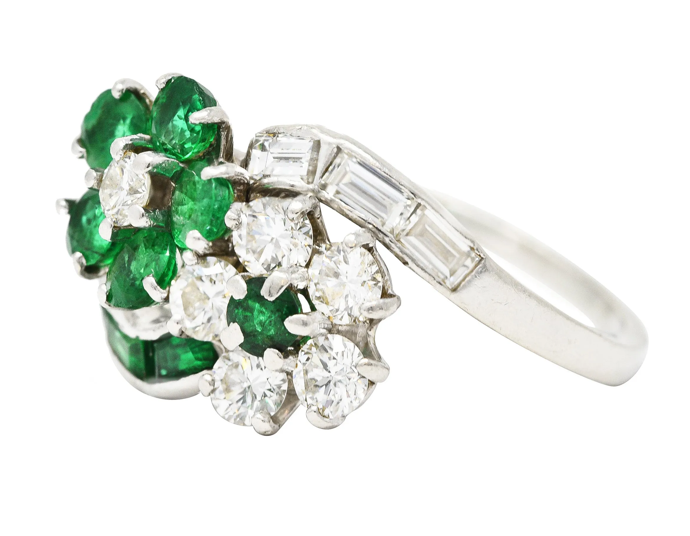 Mid-Century 1.75 CTW Emerald Diamond Platinum Floral Vintage Bypass Ring