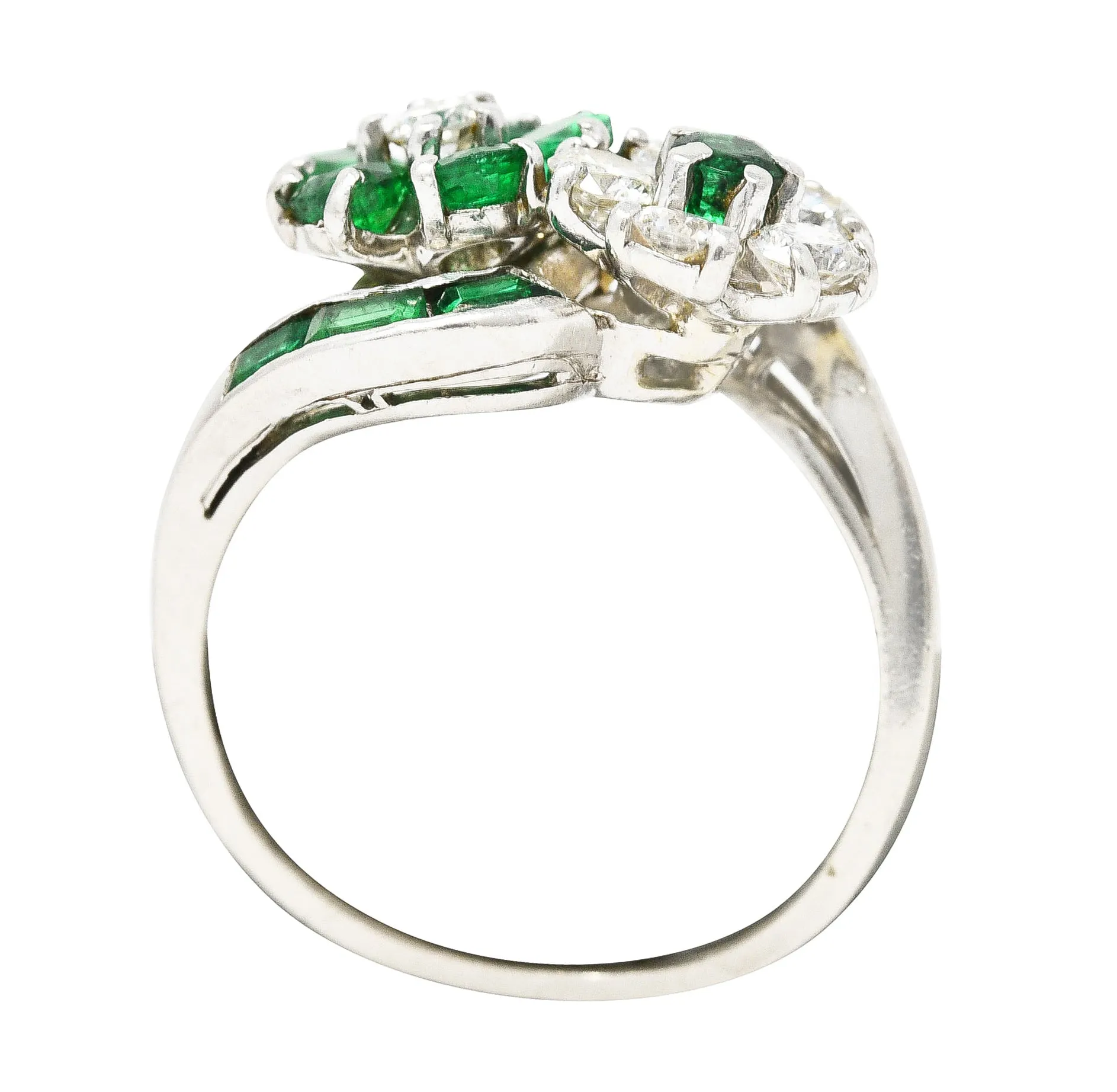 Mid-Century 1.75 CTW Emerald Diamond Platinum Floral Vintage Bypass Ring