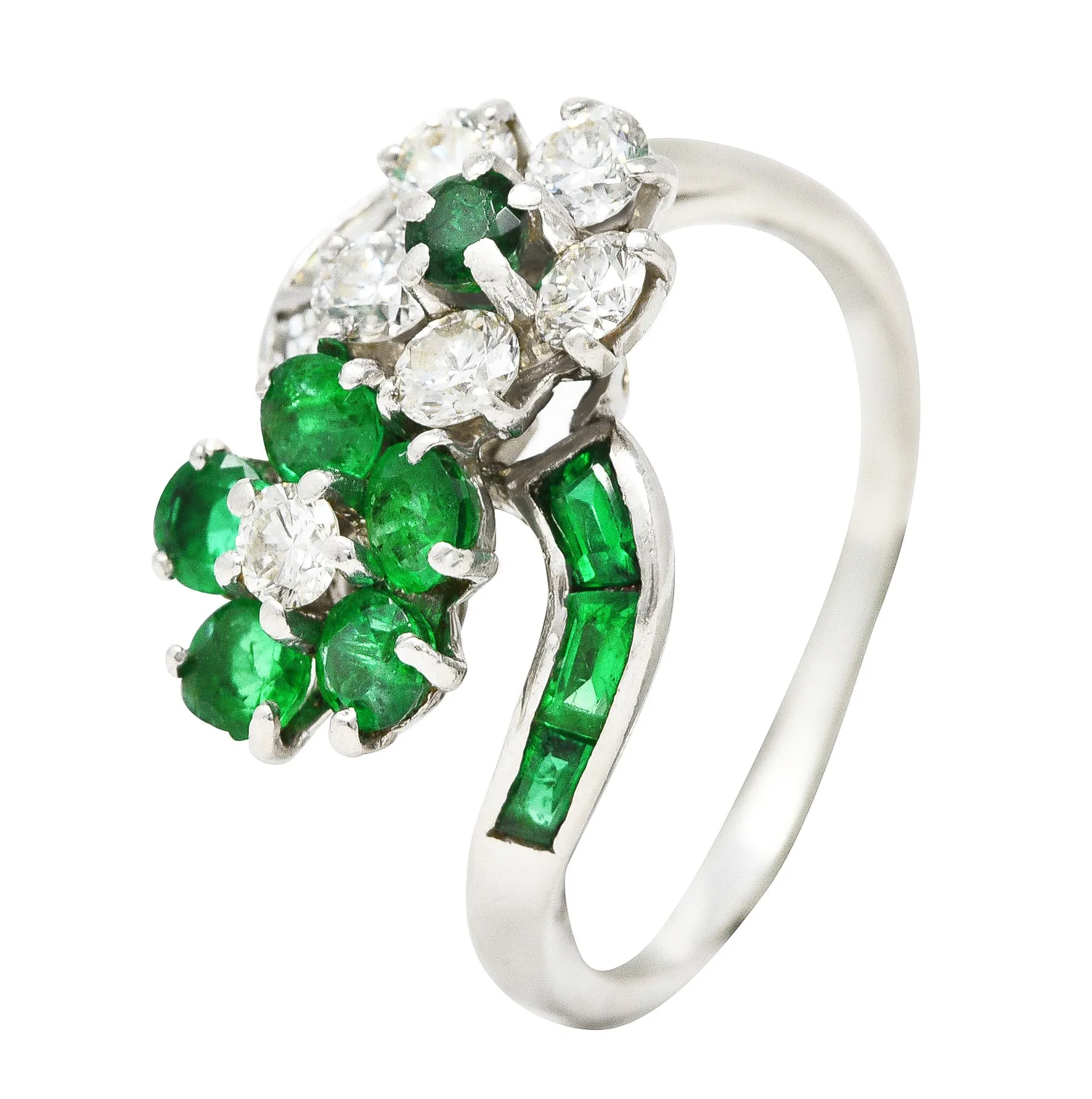 Mid-Century 1.75 CTW Emerald Diamond Platinum Floral Vintage Bypass Ring