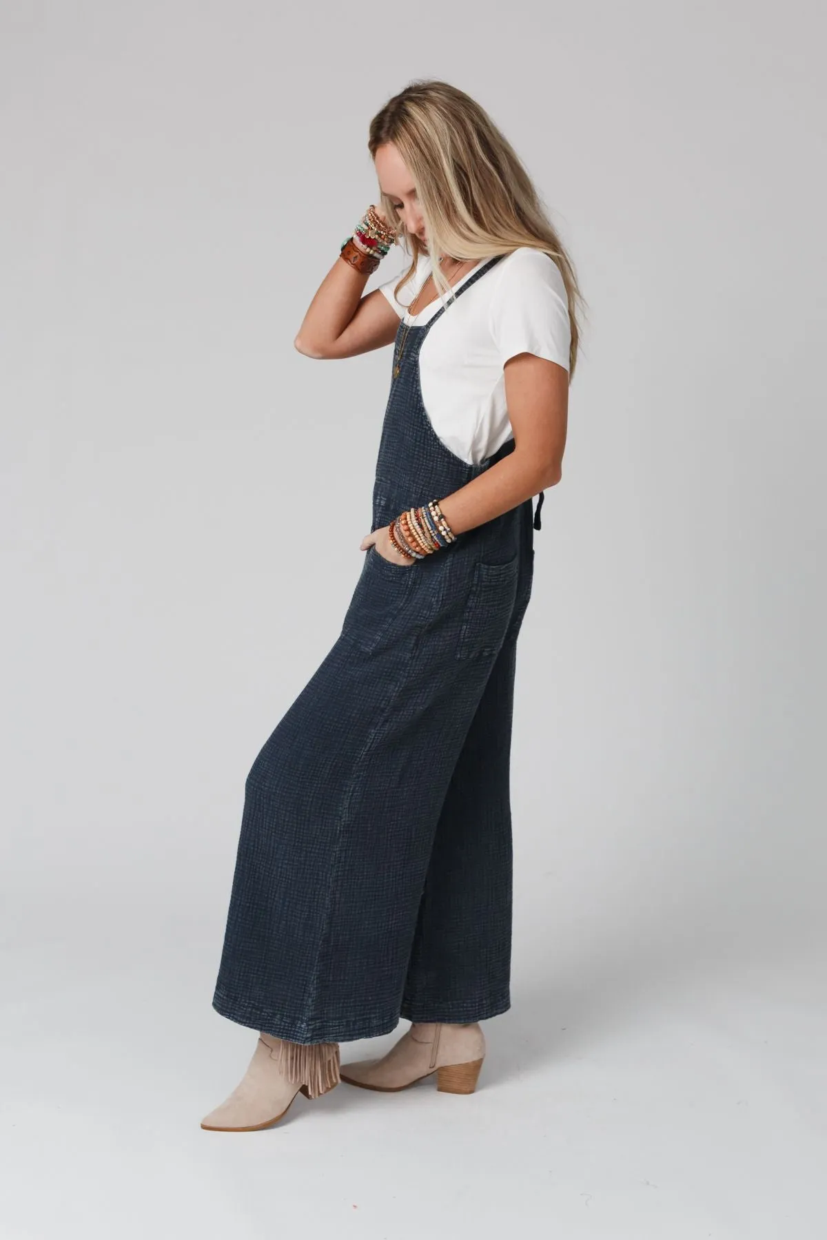 Molly Tie Back Overalls - Faded Denim