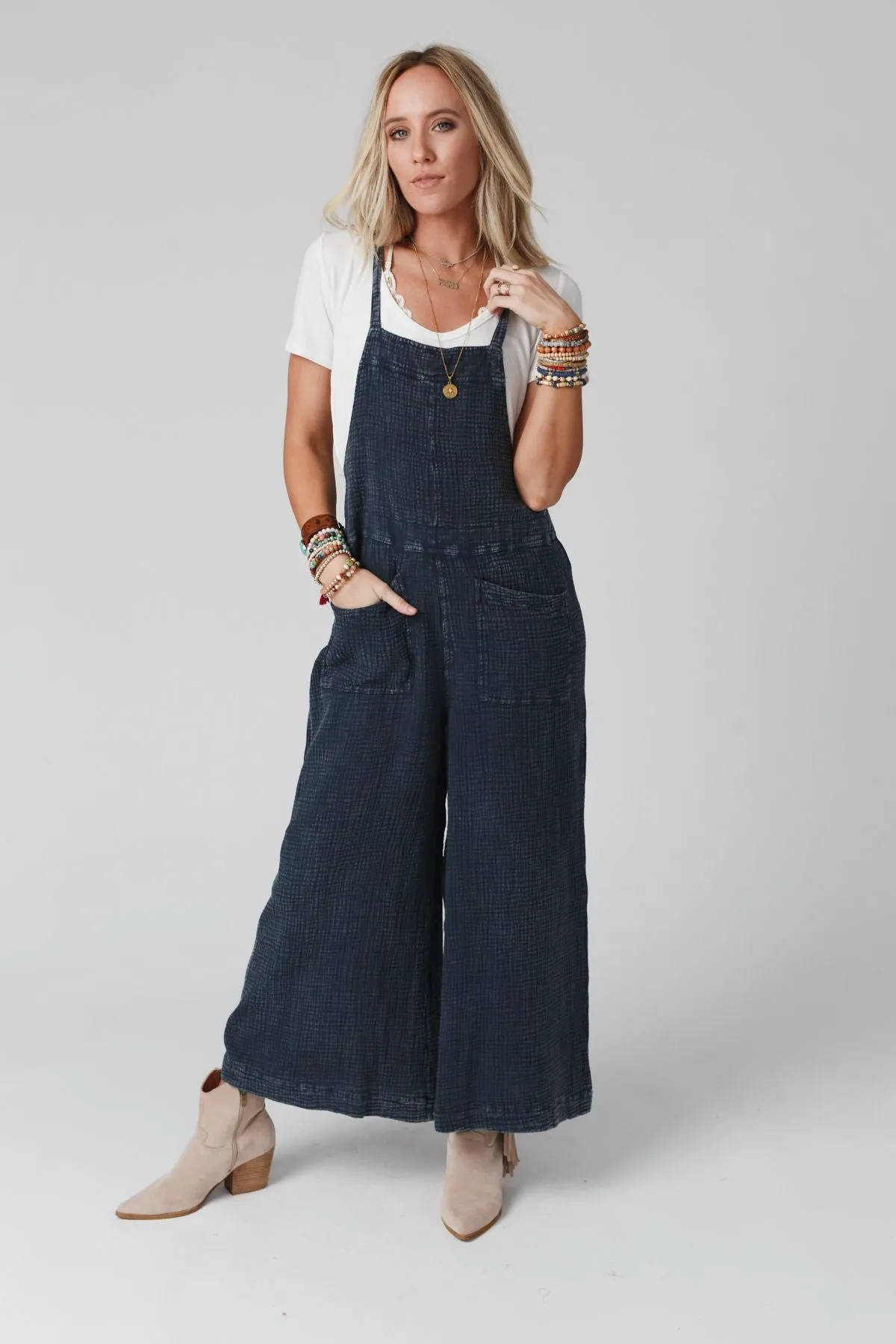 Molly Tie Back Overalls - Faded Denim