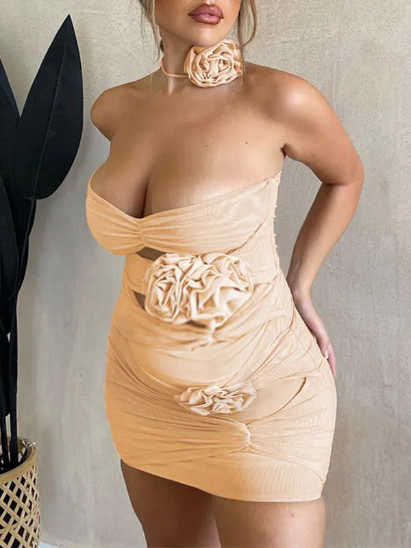 Momnfancy Apricot Off Shoulder Backless Bandeau 3D Flower Cut Out Cascading Ruffle Bodycon Party Baby Shower Maternity Mini Dres