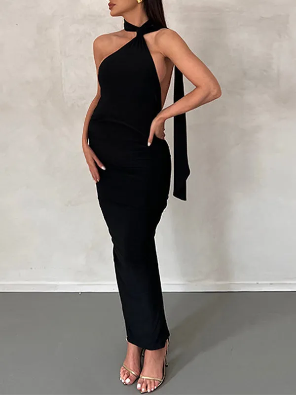 Momnfancy Black Backless Ruched Side Draped Halter Neck Elegant Bodycon Photoshoot Gown Baby Shower Maternity Maxi Dress