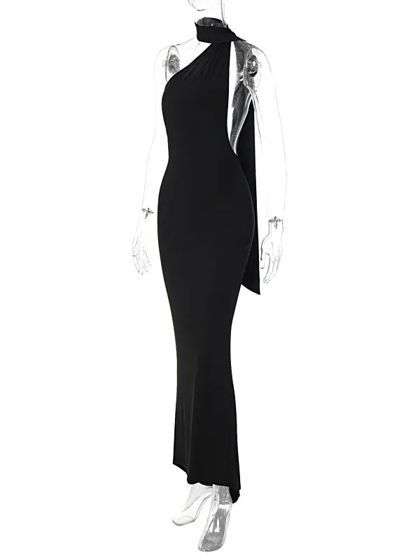 Momnfancy Black Backless Ruched Side Draped Halter Neck Elegant Bodycon Photoshoot Gown Baby Shower Maternity Maxi Dress