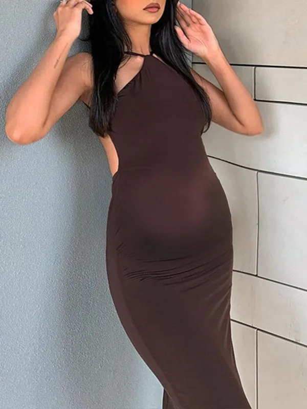 Momnfancy Brown Belly Friendly Spaghetti Strap Backless Ruched Babyshower Maternity Midi Dress