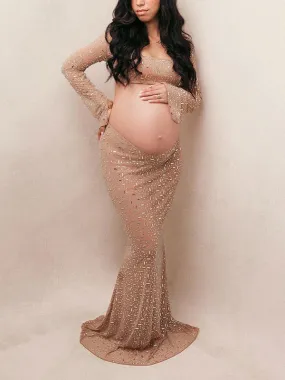 Momnfancy Chic Nude Color Rhinestones Sparkly Open Belly Mermaid Bodycon 2-in-1 Maternity Photoshoot Maxi Dress