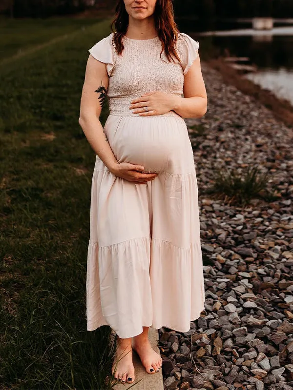 Momnfancy Pink Smocked Ruffle Flowy Boho Elegant Photoshoot Baby Shower Maternity Maxi Dress