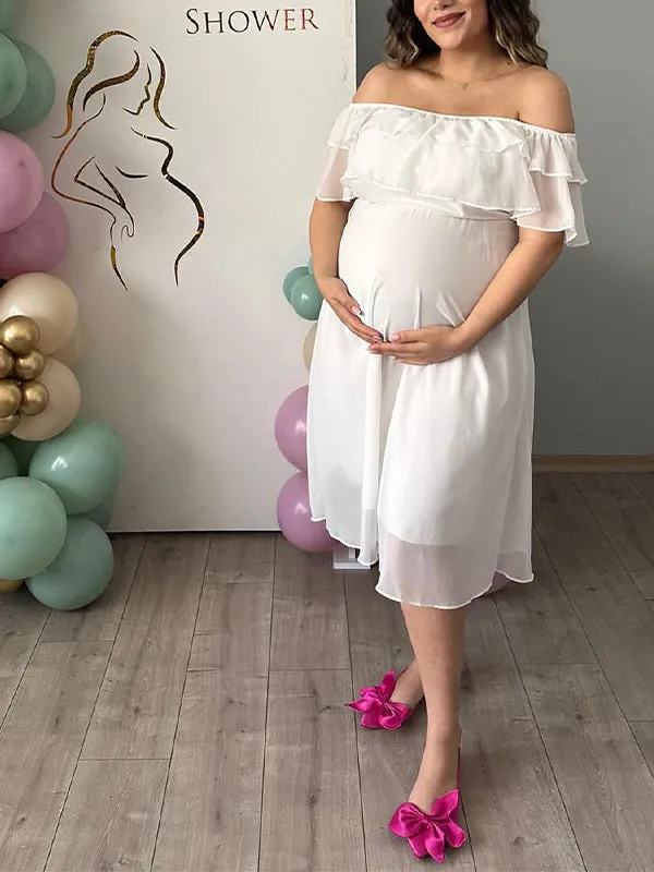 Momnfancy White Off Shoulder Ruffle Chiffon Flowy Elegant Baby Shower Photoshoot Maternity Maxi Dress