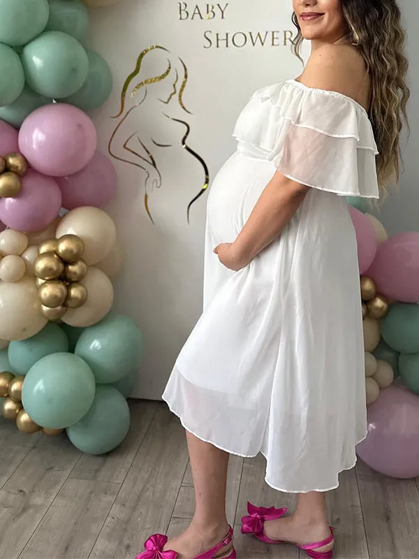 Momnfancy White Off Shoulder Ruffle Chiffon Flowy Elegant Baby Shower Photoshoot Maternity Maxi Dress