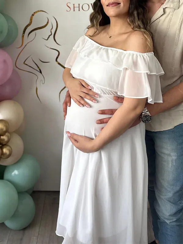 Momnfancy White Off Shoulder Ruffle Chiffon Flowy Elegant Baby Shower Photoshoot Maternity Maxi Dress