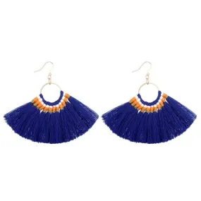 Navy Blue Tassel Fan Dangle Earrings