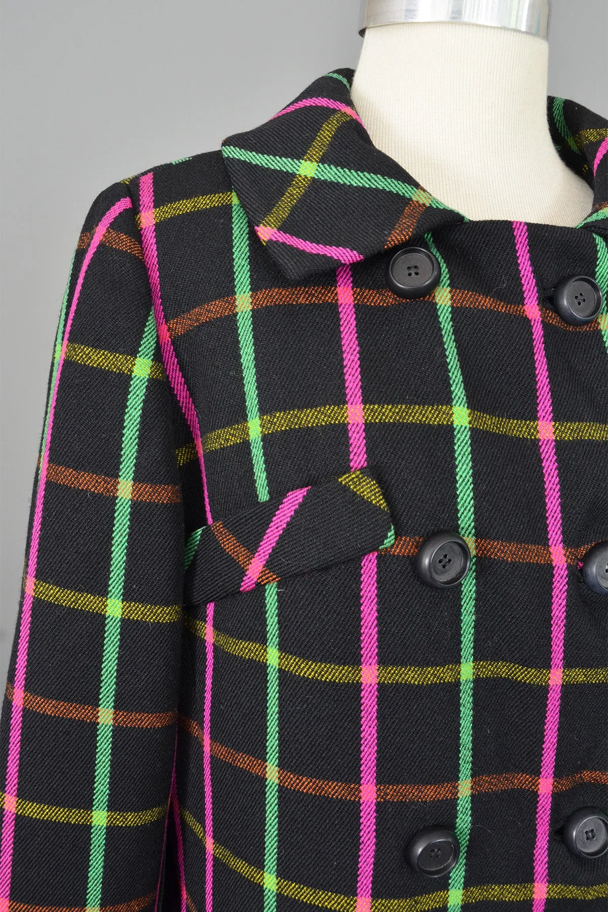 Neon Pink and Green Windowpane Mod Vintage Coat