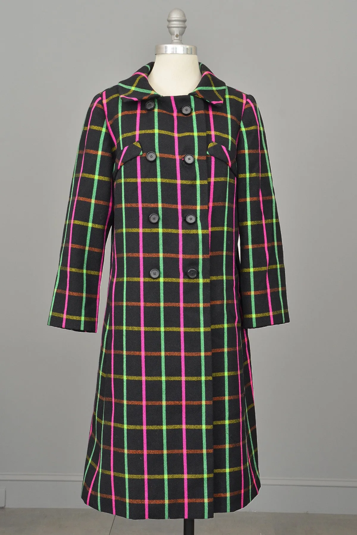 Neon Pink and Green Windowpane Mod Vintage Coat