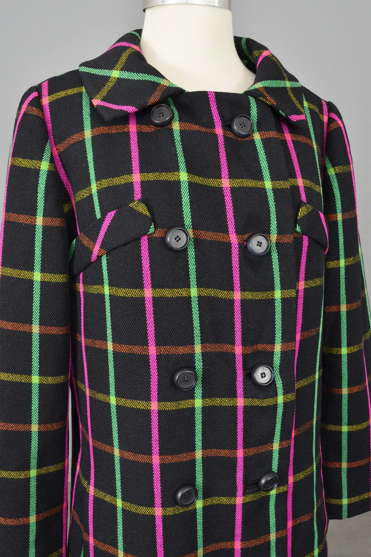 Neon Pink and Green Windowpane Mod Vintage Coat