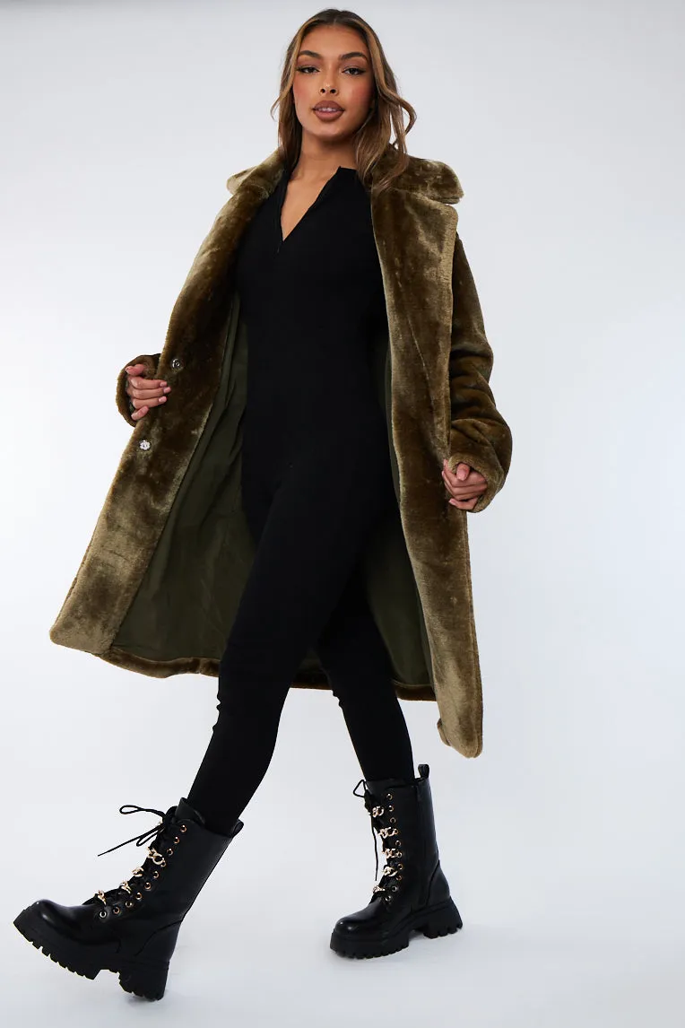 Olive Mid Length Faux Fur Coat - North